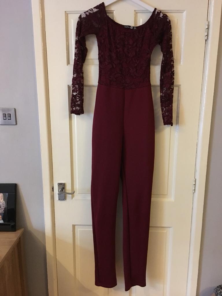 boohoo burgundy jumpsuit